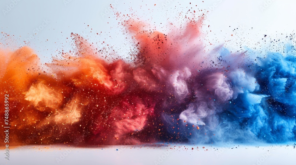 Fototapeta premium Painterly Holi powder festival with multicolored explosions on white background. Colorful dust explodes.