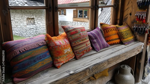 Pillows in the window. Open-air museum of the Orava village, Zuberec, Slovak republic. photo