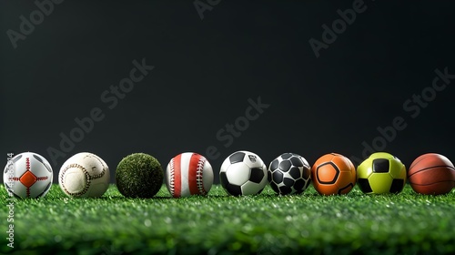 Assorted sports balls on green grass against black background. display of diversity in sports equipment. vibrant colors and textures. athletic and team concepts. perfect for backgrounds. AI