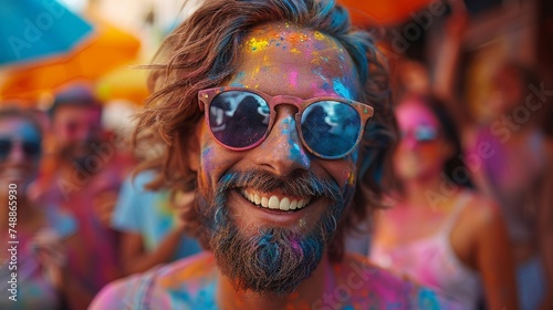 Positive smiley smiling fun man wearing blue sunglasses all stained with colorful paint. He is celebrating Holi festival with friends. On a background of color dust smoke powder clouds in a park