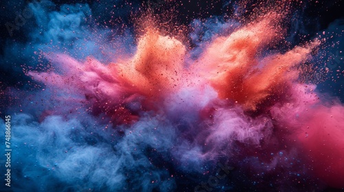 A colored powder explosion is shown against a gradient dark background. The motion is frozen. photo