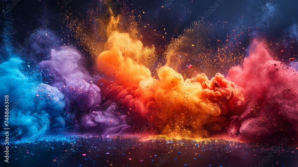 Stunning rainbow holi paint color powder explosion isolated on dark black background. Rgb gaming beautiful party festival concept.