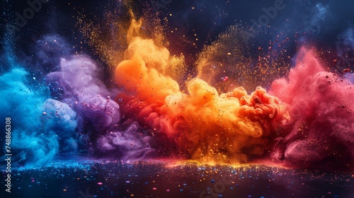 Stunning rainbow holi paint color powder explosion isolated on dark black background. Rgb gaming beautiful party festival concept. © DZMITRY