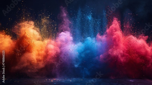 The colorful rainbow holi paint color powder explosion garland banner is isolated on a dark black background.