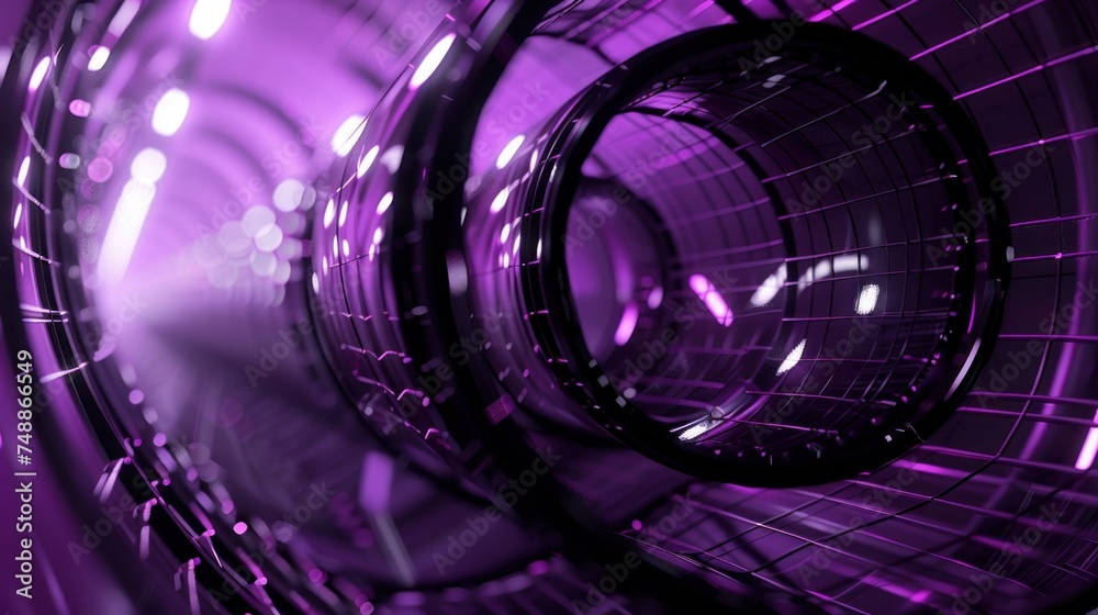 Fototapeta premium Purple Mathematical Geometric Cylinder under Black-White Spot Lighting Background. Conceptual image of technological innovations, strategies and revolutions. 3D CG