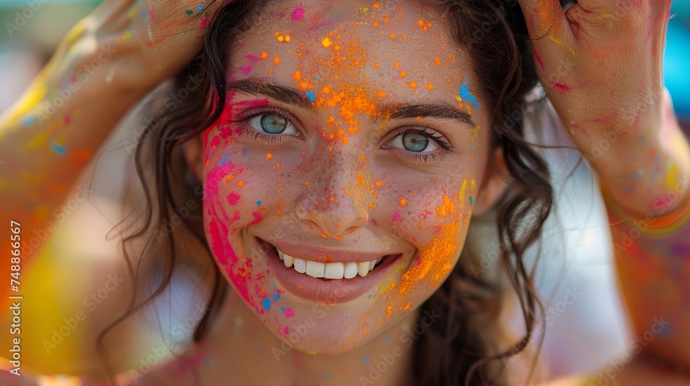 A man colouring a woman's face during Holi