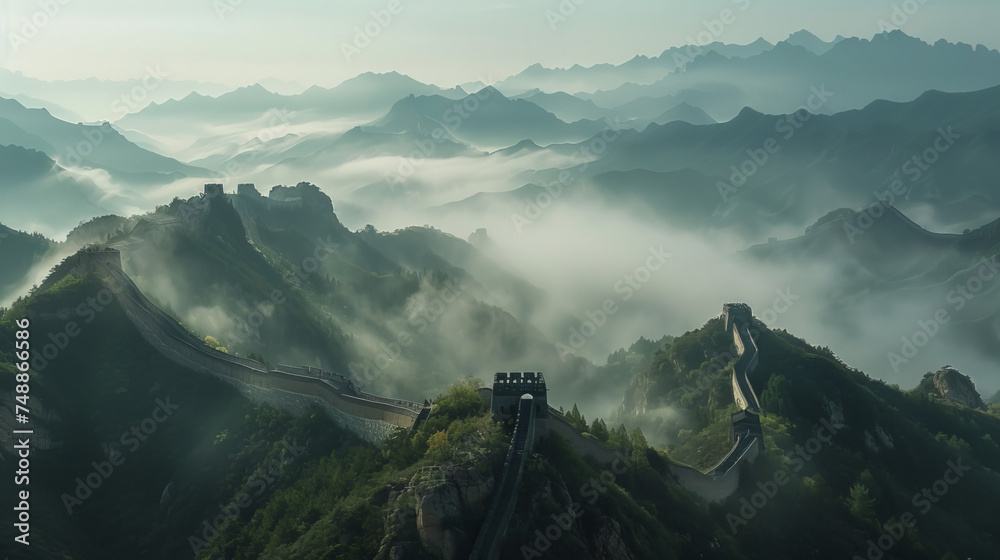 Panoramic landscape of the Great Wall meandering through mist-covered mountains at dawn