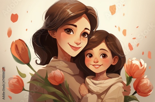 a woman and child standing close to each other with a bouquet of tulips