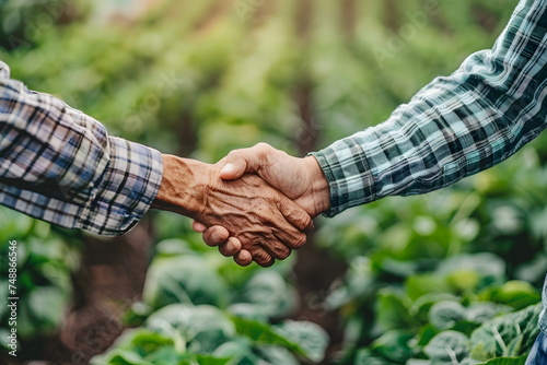 farmer handshake on agricultural field background