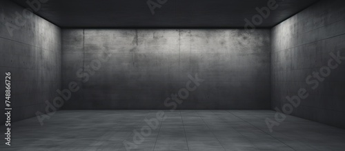 A room with dark concrete walls and floor is depicted. The space appears empty, devoid of furniture or decor. The starkness of the concrete surfaces dominates the atmosphere. © Vusal