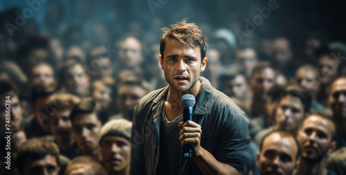 a person holding a microphone in a crowd of people photo