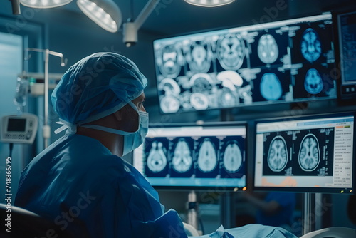 A doctor looking at a brain scan on a computer display photo