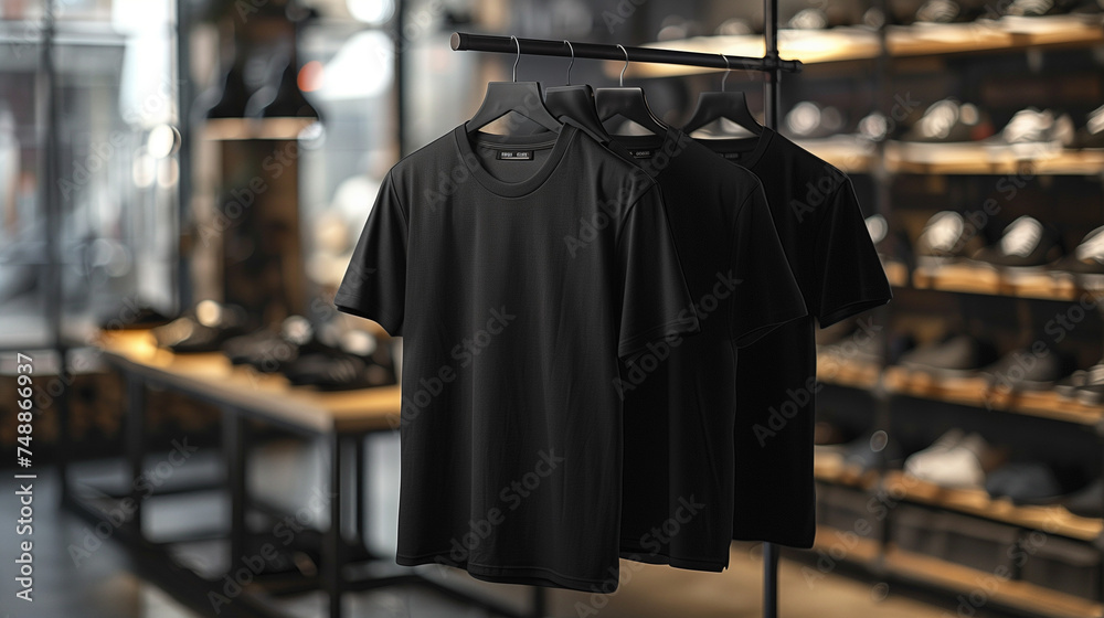 Men's black blank T-shirt template, two sides, natural shape on invisible mannequin, for your design mockup for print, isolated on shop store background. Set Mockup of a white oversized t-shirt 3D - obrazy, fototapety, plakaty 