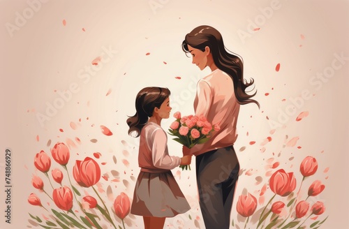 a woman and child standing close to each other with a bouquet of tulips