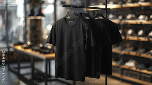 Men's black blank T-shirt template, two sides, natural shape on invisible mannequin, for your design mockup for print, isolated on shop store background. Set Mockup of a white oversized t-shirt 3D