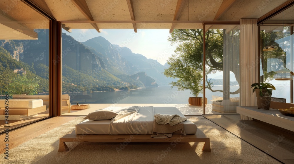 Serene Bedroom Interior with Open Terrace Overlooking the Sea for a Peaceful Retreat Serene Bedroom Interior with Open Terrace Overlooking the Sea for a Peaceful Retreat