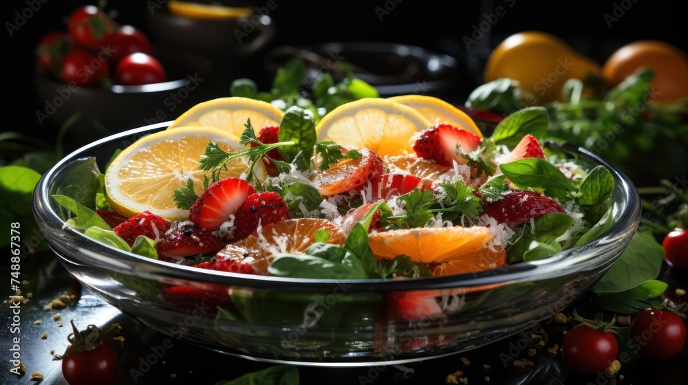 Healthy salad with fresh fruits and vegetables on a black background. Healthy salad with fresh fruits and vegetables on a black background.