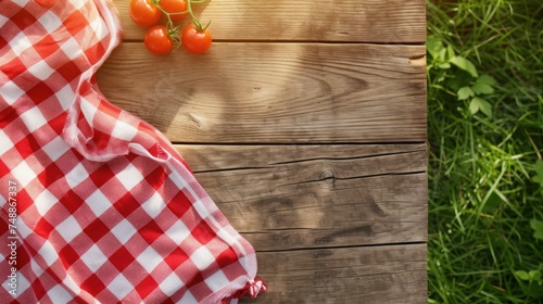 Sunlit Vintage Red Checkered Picnic Tablecloth on Wooden Table with Tomatoes and Grass Texture Background with Copy Space. Top View, From Above