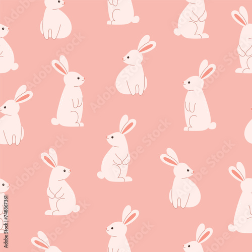Seamless pattern with cute pink rabbits on pink background. Template for cards, posters, postcards, wallpaper, print. Vector illustration
