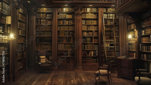 Classic Home Library with Rich Wooden Bookshelves Filled with Volumes of Knowledge