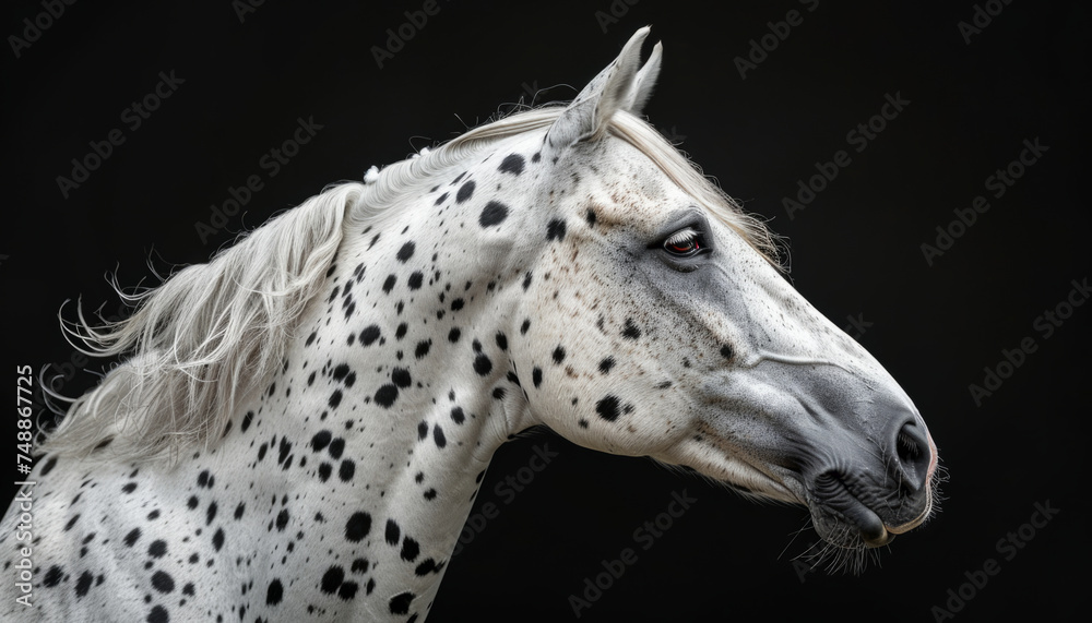 White horse with spots on a black background.