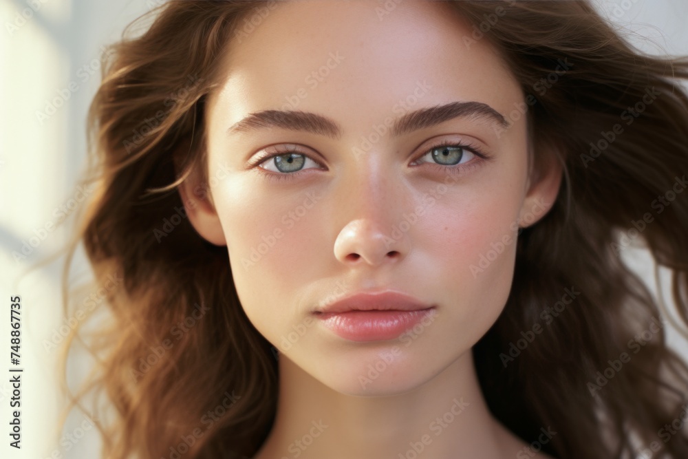 A minimalist beauty shot focusing on natural features, with soft lighting and minimal makeup, showcasing the model's natural beauty