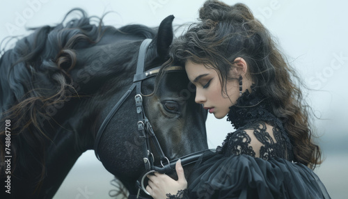 A sensual girl with closed eyes hugs her horse.