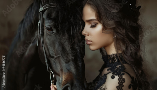 A sensual girl with closed eyes hugs her horse.