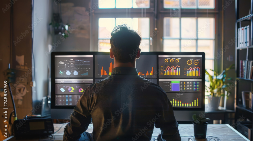 A man with his back to the camera examines complex data on multiple screens in a warmly lit office setting A man with his back to the camera examines complex data on multiple screens in a warmly lit office setting
