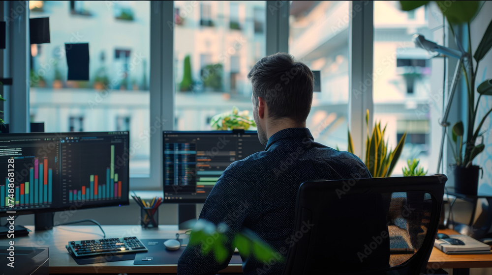 A focused male professional examines multiple data charts on computer monitors in a modern office setting A focused male professional examines multiple data charts on computer monitors in a modern office setting