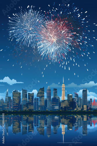 Nighttime City Celebration: Colorful Fireworks Lighting Up the Manhattan Skyline over the Hudson River