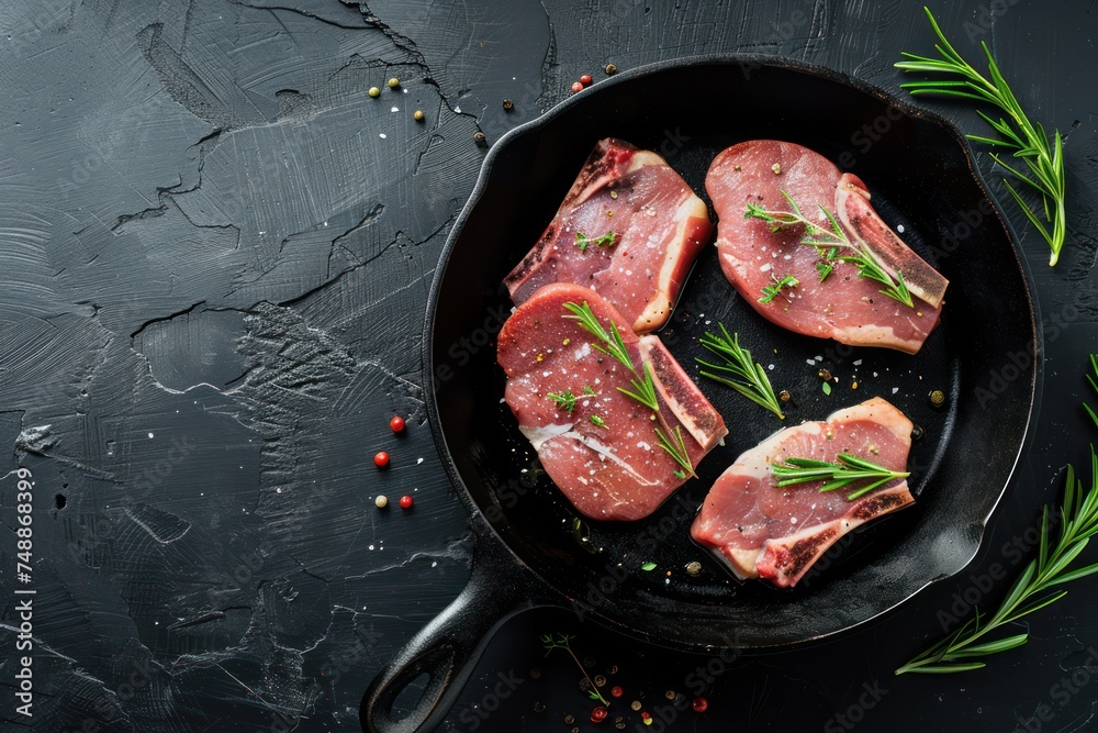 Cut raw meat pork steaks with seasonings in black cast iron pan, dark rustic stone background top view, ready for roasting. Pork loin chops cooking with space for text