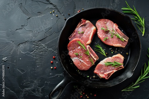 Obraz na płótnie Cut raw meat pork steaks with seasonings in black cast iron pan, dark rustic stone background top view, ready for roasting. Pork loin chops cooking with space for text w salonie