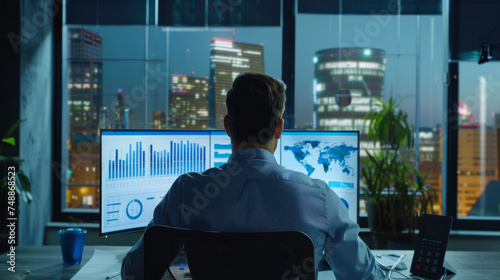 Image of a diligent man working into the night analyzing financial data on multiple screens with city lights in the background