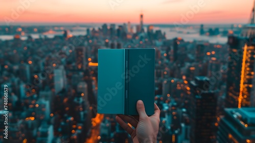 book with a mockup held in hand against a cityscape