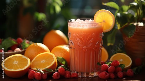 Glass of fresh orange juice with ice and fruits on wooden table.