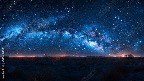 This striking image showcases the stunning Milky Way galaxy as it appears to cascade over a desert landscape lit by a glow on the horizon