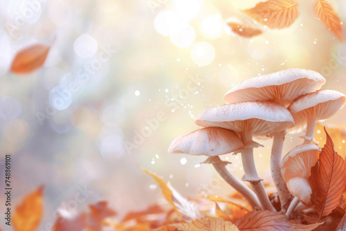 forest porcini mushrooms on a neutral blurred light background with autumn leaves