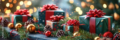 Christmas Gifts in a Festive Row Under Decorated Fir Tree - 3D Illustration