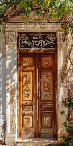 Antique Wooden Doorway: Elaborate Greek Island Detail in Hydra Town, Attica, Europe