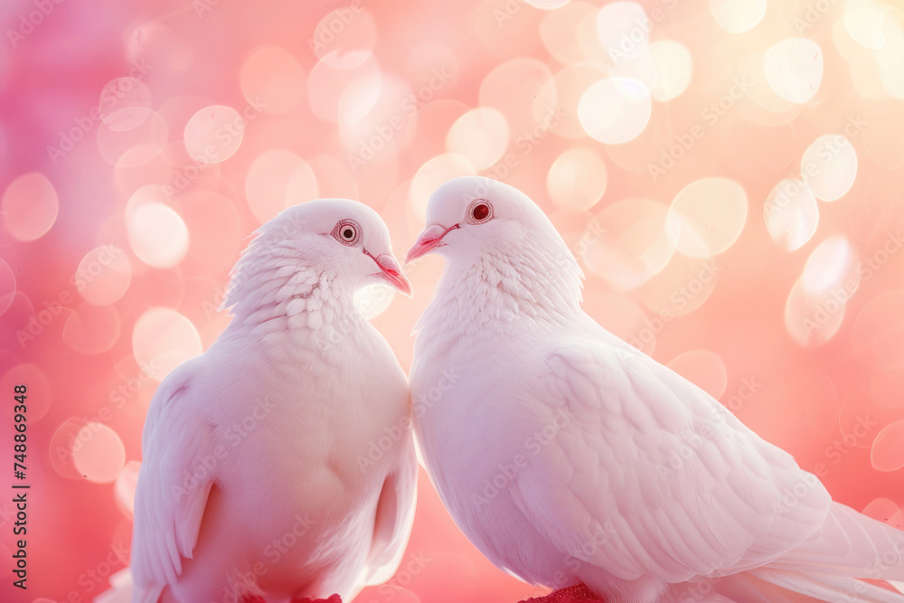 two doves look at each other, birds of peace, goodness and love, on an abstract pink background with bokeh, empty space for text, for a banner