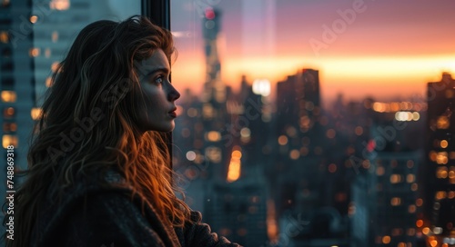 City Sunset Silhouette: Businesswoman's Perspective Over Urban Skyline