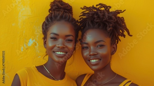 Two Smiling Women with Braids., Yellow Wall and Two Beautiful Ladies., African American Girls Posing for a Picture., Friendly Faces of Two Young Women.. photo