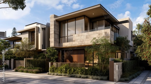 Contemporary Double Storey Row House Facade Incorporating Natural Design Elements © AIGen