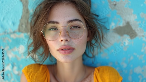 Golden Girl, Sunglasses Chic, Blue Wall Beauty, Glowing Skin. photo