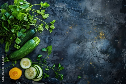 Different fresh various vegetables  cut zucchini  greenery on rustic dark background top view. 
