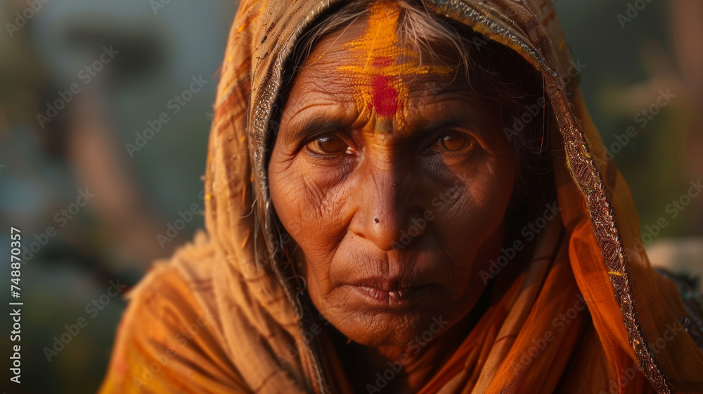 Close-up of an older woman wearing a headscarf, featuring an impactful gaze that conveys depth and experience