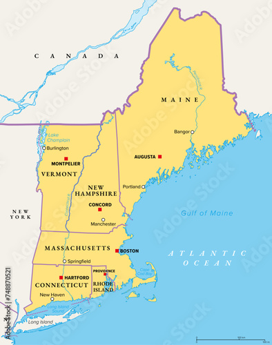 New England, a region of the United States, political map. Maine, Vermont, New Hampshire, Massachusetts, Rhode Island and Connecticut with Capitals. Bordered by the Mid-Atlantic region and by Canada.