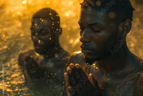 men taking ritual bath in the river in early morning