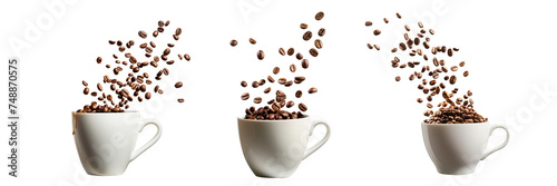Floating Coffee Cups with Beans Explosion Isolated on Transparent Background. PNG